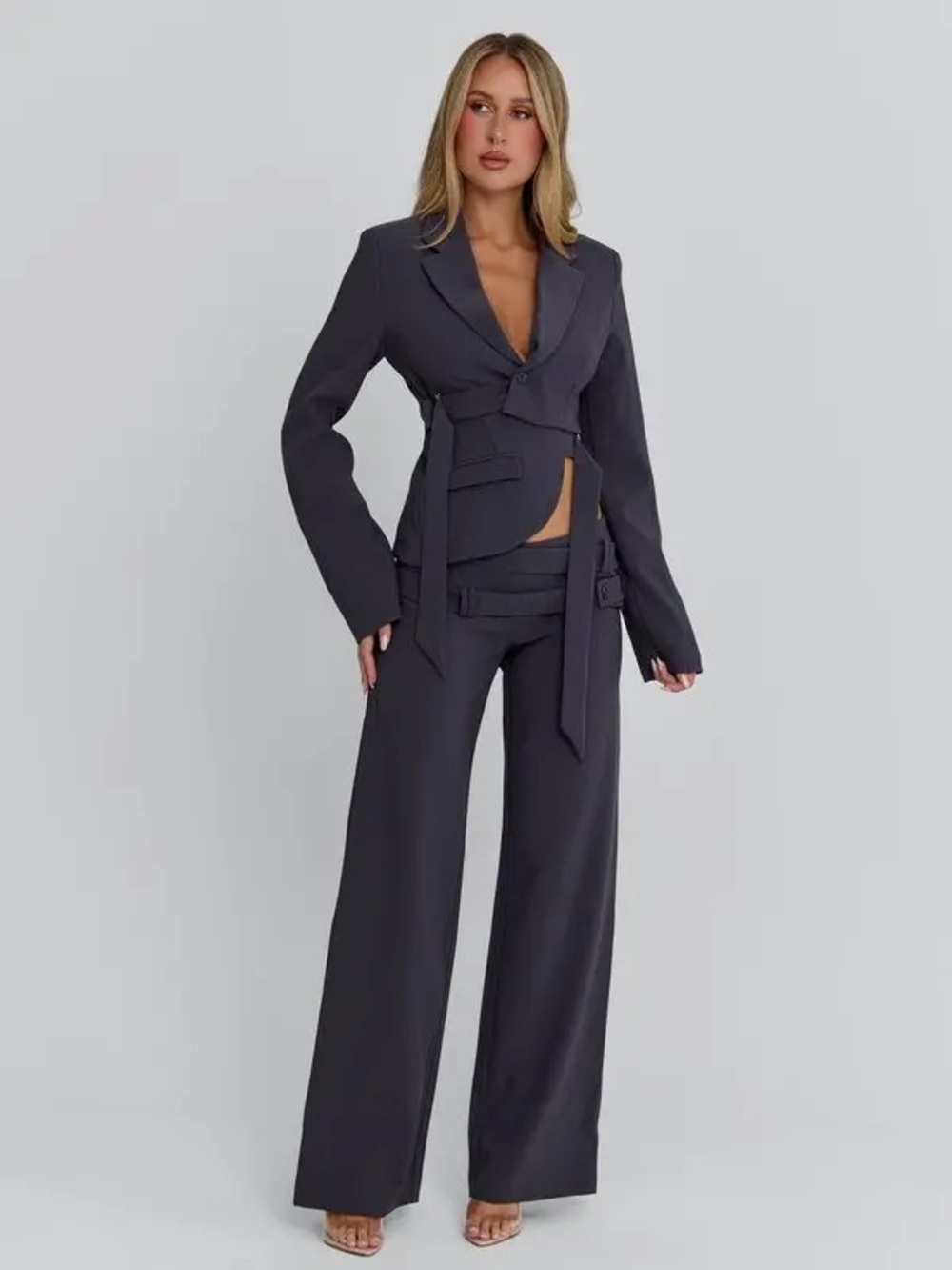 OUTCAST Riviera 2-Piece Blazer & Wide Leg Pant Suit Set Charcoal Gray XS/S